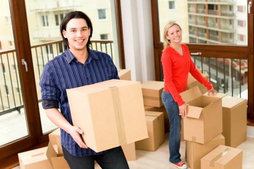 Packaged office equipment ready for a commercial move in North End
