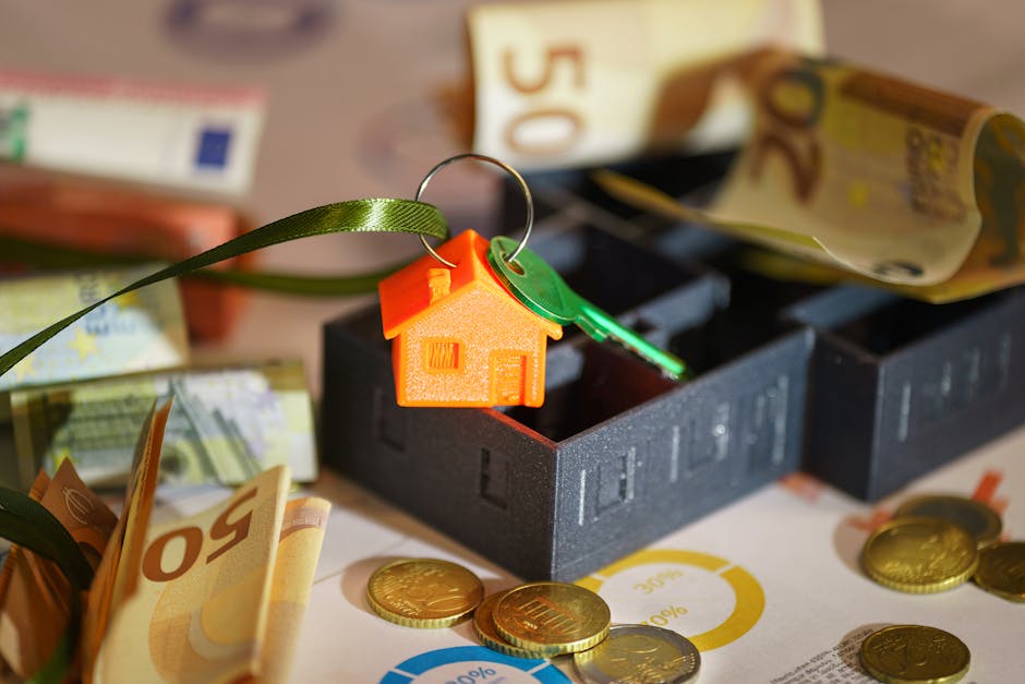 A small orange house-shaped keychain with a green plastic key attached, resting on top of a black foam moving box filled with rolled-up euro banknotes. Surrounding the box are various loose euro bills and coins scattered across a surface, with some bills partially tucked inside the box. In the background, there are stacked paper documents and additional currency, indicating financial considerations related to home relocation or furniture transport. The scene is well-lit, with a focus on the process of packing and handling money during a house removal, subtly reflecting aspects of moving logistics. This setup visually relates to the concept of hidden fees in North End removals, with Man with Van North End providing detailed home moving services involving careful handling of valuable items and transparent pricing.